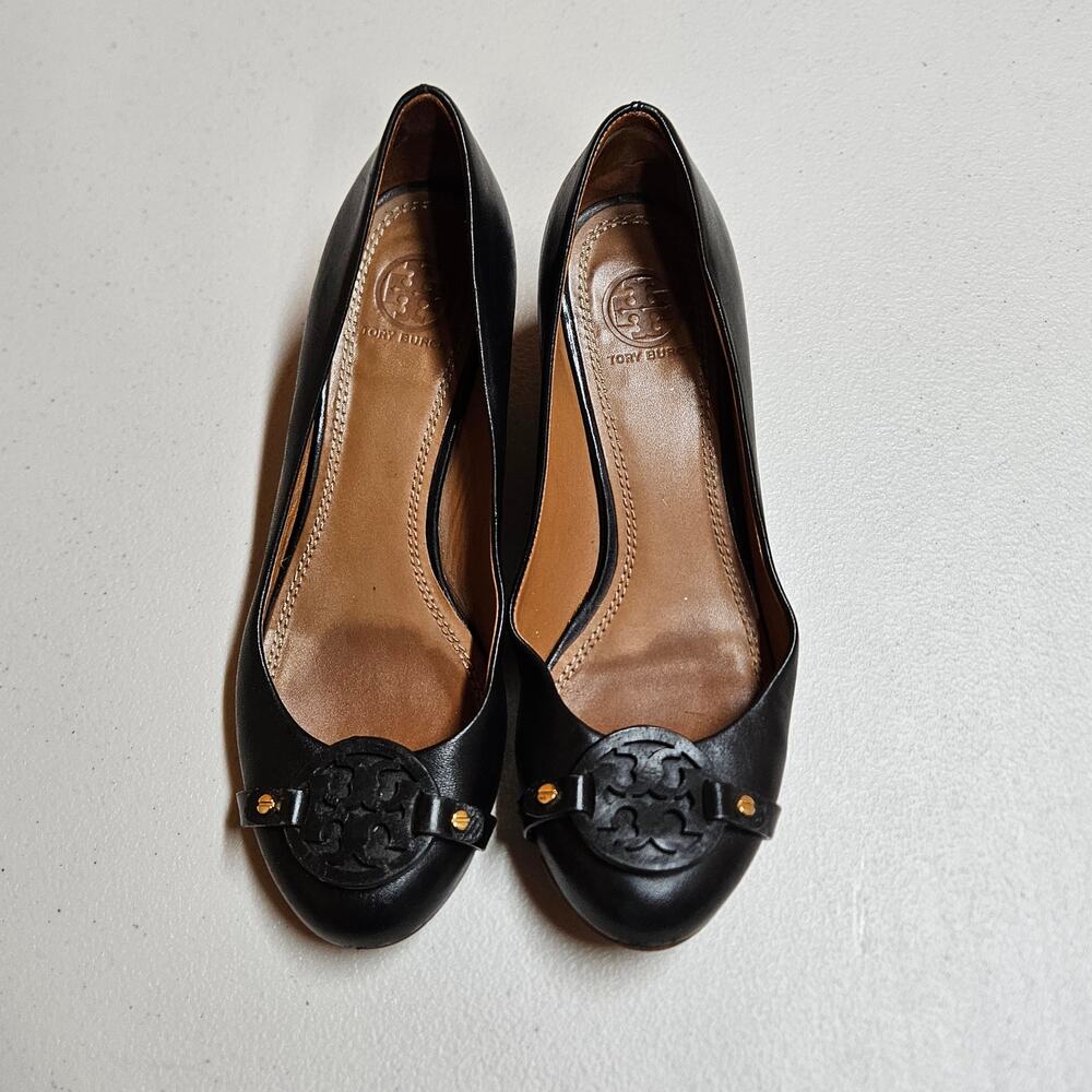 Tory Burch Leather Wedge Pumps Womens Black Work Casual Formal